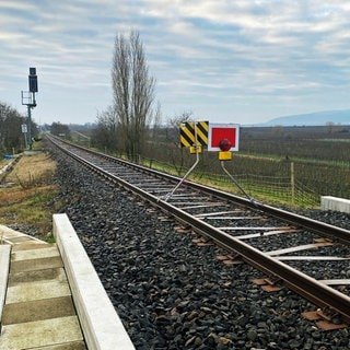 Bahndamm zwischen Bad Dürkheim und Freinsheim mit Sperrungsschild auf den Schienen, Archivbild