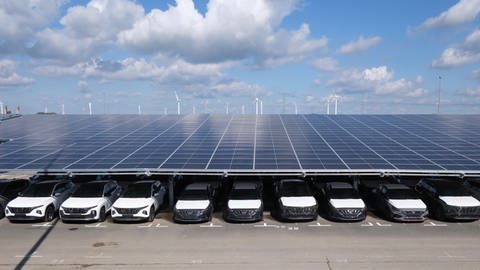 Autos stehen unter einem Dach mit Solarpanelen. Die Mainzer Stadtwerke planen so eine Konstruktion auf dem Messeparkplatz 
