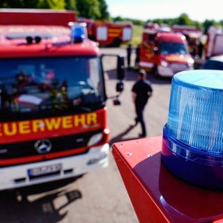 Feuerwehrfahrzeuge stehen auf einem Parkplatz bei einer Katastrophenschutzübung im Soonwald. 