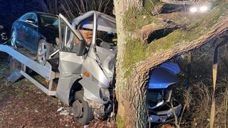 Ein Autotransporter ist bei Meddersheim gegen einen Baum gekracht.