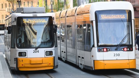 Straßenbahnen der Mainzer Linien 52 und 53 begegnen sich nahe des Hauptbahnhofs. Die Kandidaten haben bei der SWR-Podiumsdiskussion zur anstehenden OB-Wahl ausführlich über das Thema Mobilität diskutiert.