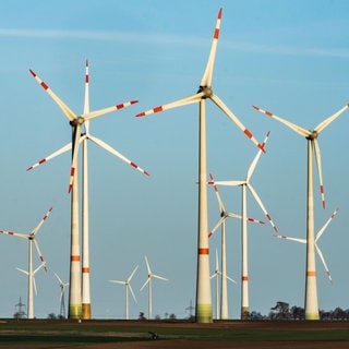 Zahlreiche Windräder stehen auf den Hügeln zwischen den Äckern im Landkreis Alzey-Worms.