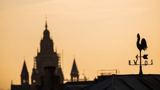 Ein Wetterhahn steht im Sonnenaufgang vor dem Mainzer Dom. 