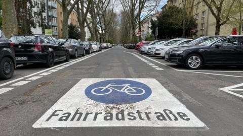 Auf der Hindenburgstraße in der Mainzer Neustadt ist ein Piktogramm aufgebracht mit einem Fahrrad und dem Schriftzug Fahrradstraße