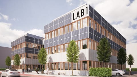 Eine Illustration des geplanten Laborgebäudes "LAB1", das bis 2025 auf dem neuem Biotech-Campus in Mainz gebaut werden soll
