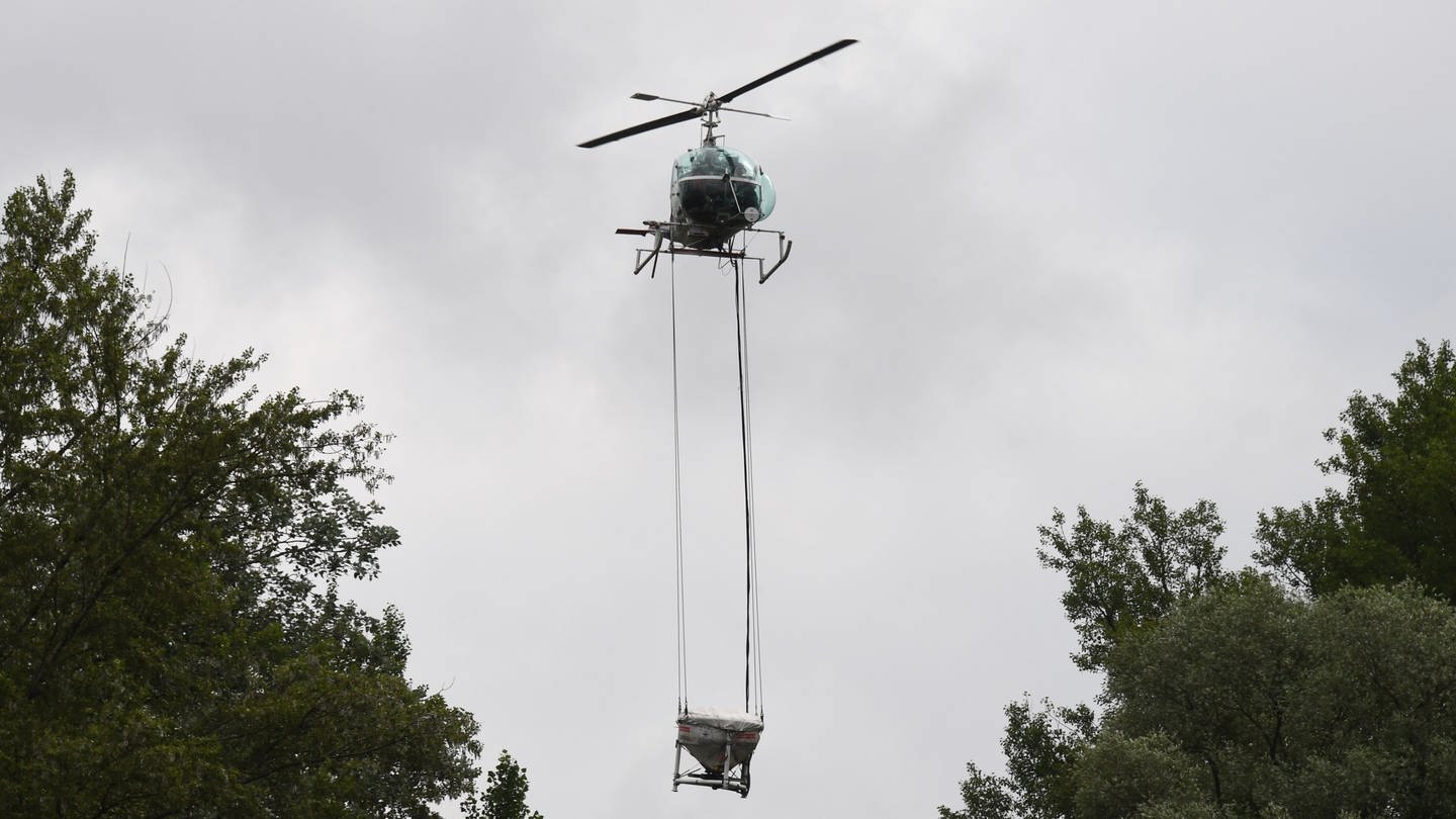 Ein Hubschrauber der KABS ist im Einsatz, um mit einem biologischen Mittel Stechmücken zu bekämpfen
