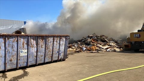 Auf dem Gelände des Wormser Rohstoffhandels sind Holzstapel in Brand geraten.