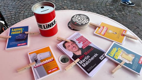 Am Wahlkampfstand der Linken gibt es Postkarten mit Malchereks größten Anliegen.