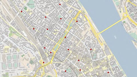 Auf einer Karte der Mainzer Innenstadt zeigen rote Punkte die Abstellzonen für E-Tretroller.