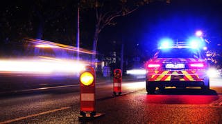 Ein Polizeiauto mit Blaulicht steht am Straßenrand.