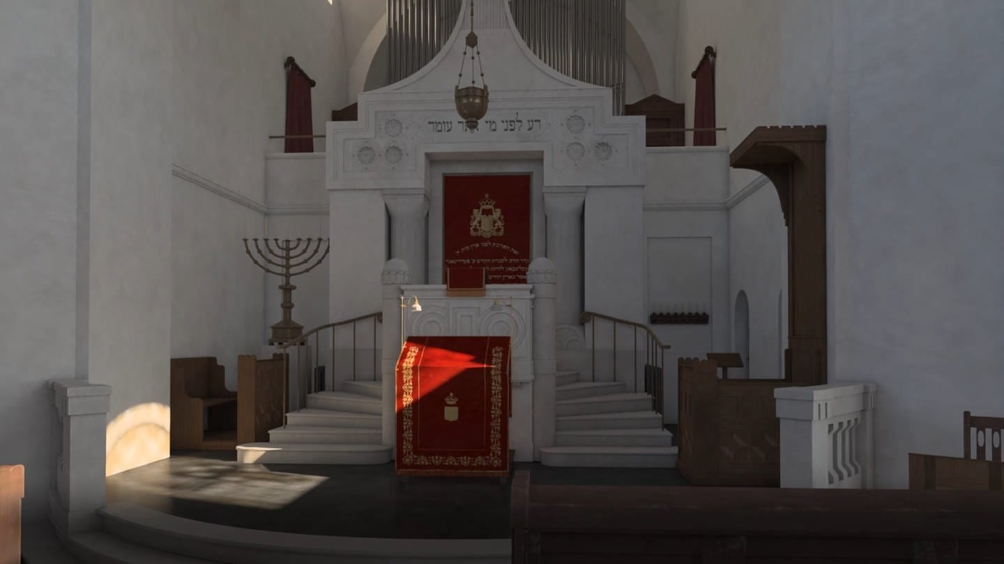 Virtuelle Ansicht der Synagoge von innen, mit Toraschrein und Bima.