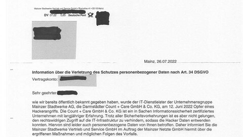 Mit einem Brief informieren die Mainzer Stadtwerke ihr Kunden, dass bei dem Hackerangriff persönliche Daten gestohlen wurden. 