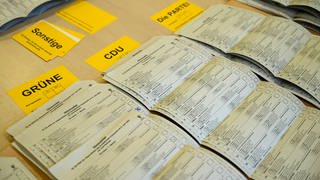 Auf einem Tische liegen Stimmzettel der Europawahl. Die Zettel wurden nach Parteien sortiert (Foto: IMAGOSymbolbild)