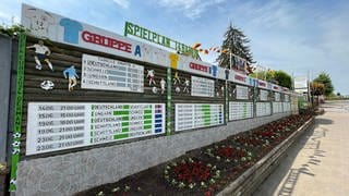 Der Spieplan hängt am Zaun: Fußball-EM 2024: Riesiger Spielplan aus Holz in Wörrstadt