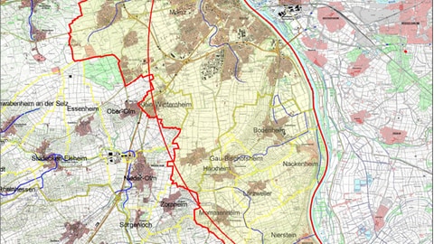 Eine Landkarte, in der die Sicherheitsone markiert ist: Schweinepest - So geht es weiter in Mainz und im Kreis Mainz-Bingen 