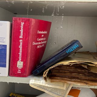 Bücher der Stadtbibliothek liegen im Wasser: Sie sind Teil der Notfall-Übung "Wasserschaden in der Stadtbibliothek Mainz"