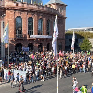 Etwa 1.000 Menschen haben sich vor dem Mainzer Theater zum Klimastreik von Fridays for Future zussammengefunden. 