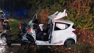 Der Kleinwagen einer 60-jährigen Frau ist total zerstört. Die Frau starb nach dem Unfall bei Frei-Laubersheim wenig später im Krankenhaus an ihren schweren Verletzungen