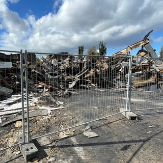 Eine Lagerhalle in Mainz-Hechtsheim liegt in Trümmern. Sie wurde durch ein Feuer zerstört