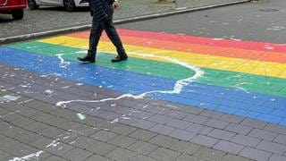 Menschen laufen über eine Zebrastreifen in den Farben des Regenbogens. In Mainz ist der Regenbogen-Zebrastreifen-mit-Farbe-beschmiert-worden