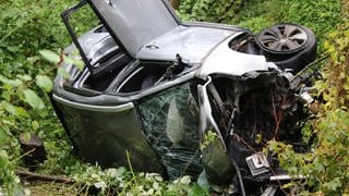 Ein völlig demoliertes Auto liegt auf der Seite im Gebüsch. Bei einem Unfall auf der Saarstraße in Mainz sind fünf Menschen verletzt worden. 