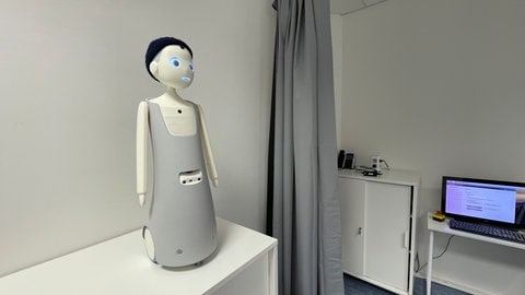 Ein kleiner weißer Roboter, der aussieht wie ein Junge: Er ist etwa einen Meter groß, hat einen sehr menschlichen Kopf, den er bewegen kann und ein Gesicht mit digitalen Augen und Mund. 