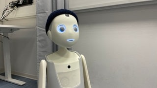 Ein kleiner weißer Roboter, der aussieht wie ein Junge: Er ist etwa einen Meter groß, hat einen sehr menschlichen Kopf, den er bewegen kann und ein Gesicht mit digitalen Augen und Mund. 