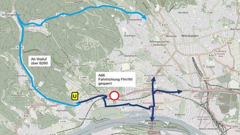 Auf der Karte ist der gesperrte Streckenabschnitt der A66 am Schiersteiner Kreuz bei Wiesbaden zu sehen und auch die möglichen Umfahrungen sind gekennzeichnet.