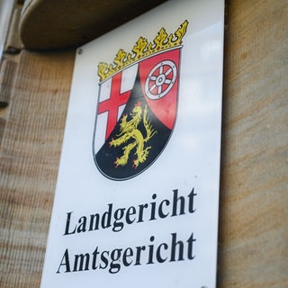 Das Eingangsschild am Landgericht Mainz. Hier findet der Prozess wegen Totschlags gegen den 17-jährigen Schüler statt. Er soll seinen Vater getötet haben.