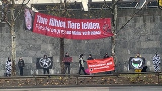 Plakataktion: Proteste gegen den Fleischkongress vor der Mainzer Rheingoldhalle