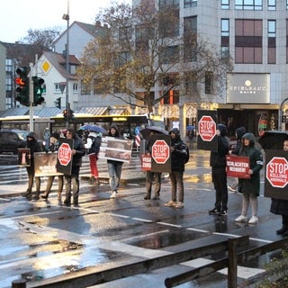 Mit Banner und Plakaten kritisieren Protestierende die Fleischindustrie. 