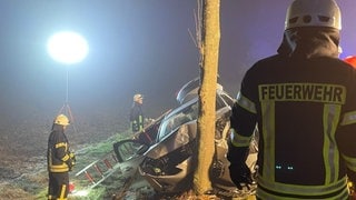 Helfer der Feuerwehr Freimersheim-Wahlheim stehen vor dem zerstörten Auto.