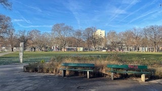 Der Goetheplatz in Mainz. Im Vordergrund sind Parkbänke zu sehen. 