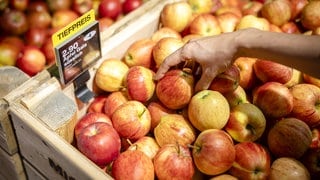 Äpfel in einer Palette im Supermarkt. Die Mainzer Foodsharer konnten viele Lebensmittel retten. 