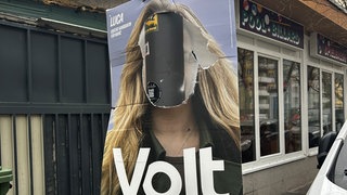 Ein Wahlplakat von Luca Kraft der Partei Volt für die Bundestagswahl 2025 hängt an einem Masten in Mainz. Unbekannte haben das Gesicht der Politikerin ausgeschnitten