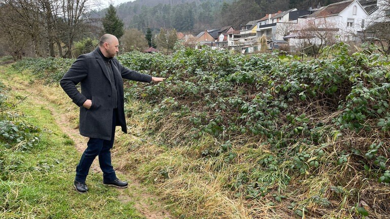 Ein Mitarbeiter des Hochwasser- und Gewässerschutzes der Stadt Trier zeigt, bis wohin das Ufer der Kyll-Insel abgeflacht werden soll.