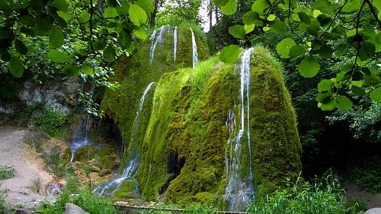 Dusche unterm Wasserfall - das geht am Dreimühlen-Wasserfall in der Eifel in RLP und wird vor allem im Sommer rege genutzt.