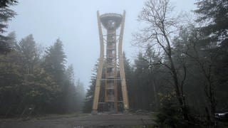 Der neue Idarkopfturm im Idarwald bei Stipshausen umhüllt von Nebel.