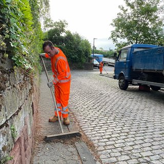 Patrick und seine Kollegen kehren die straßen in Trier-Nord. Blätter, Müll und Unkraut wird von ihnen in Haufen gekehrt und danach von der Kehrmaschine de Stadt Trier aufgesaugt.