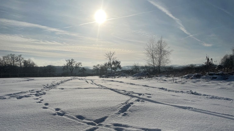 Die Wintersonne scheint auf die schneebedeckten Felder bei Zemmer-Roth in der Eifel.