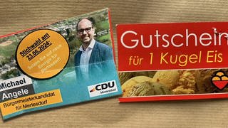 In der Kita in Mertesdorf sind offenbar Eisgutscheine verteilt worden. Daran angehefttet: Wahlwerbung für den Bürgermeisterkandidaten der CDU.