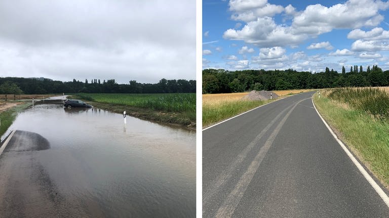 Flut in der Nähe von Wolsfeld 2021 und heute im Vergleich