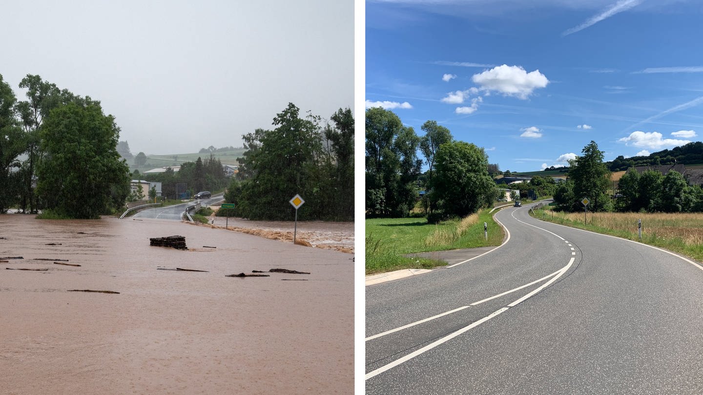 Flut zwischen Rittersdorf und Nattenheim 2021 und heute im Vergleich