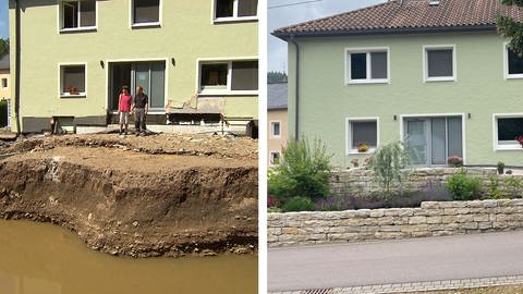 Das Haus von Familie Schwier kurz nach der Flut und heute.