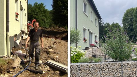 Der Vorgarten von Familie Schier nach der Flut und heute.