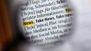 Durch eine Lupe ist der Begriff "Fake-News" für Falschnachrichten in einem Duden zu sehen. Zu dem Thema findet in der Region Trier ganz unterschiedlich Unterricht statt.