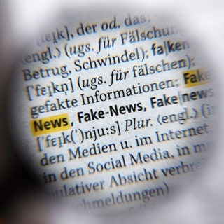 Durch eine Lupe ist der Begriff "Fake-News" für Falschnachrichten in einem Duden zu sehen. Zu dem Thema findet in der Region Trier ganz unterschiedlich Unterricht statt.