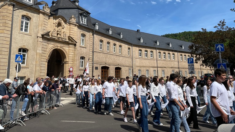 Vor Beginn der Prozession stellen sich die Springergruppen im Ehrenhof auf, immer fünf (manchmal auch sechs) pro Reihe. 