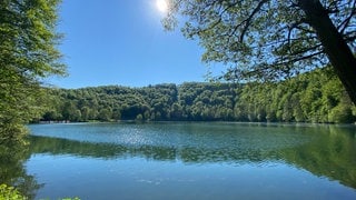 Einfach ins kühle Wasser springen und die Hitze Hitze sein lassen: Das geht an den Maaren in der Eifel. Hier am Gemündener Maar sowie am Meerfelder, dem Schalkenmehrener Maar und dem Pulvermaar herrschen im Mittel 21 bis 22 Grad. Höhere Temperaturen werden laut Gesundland Vulkaneifel nur bei langen Hitzeperioden geknackt. Aber Vorsicht: Reinspringen in die Maare ist nur an den abgegrenzten Naturfreibädern erlaubt.