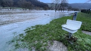 Ufer der Mosel bei Zeltingen-Rachtig steht unter Wasser